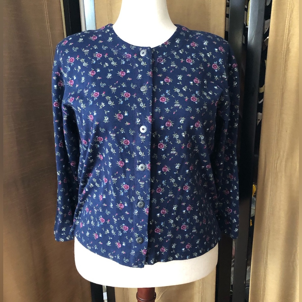 Katelyn Rose Navy Floral Button-Up Cotton Blend Long-Sleeve Sportswear Top